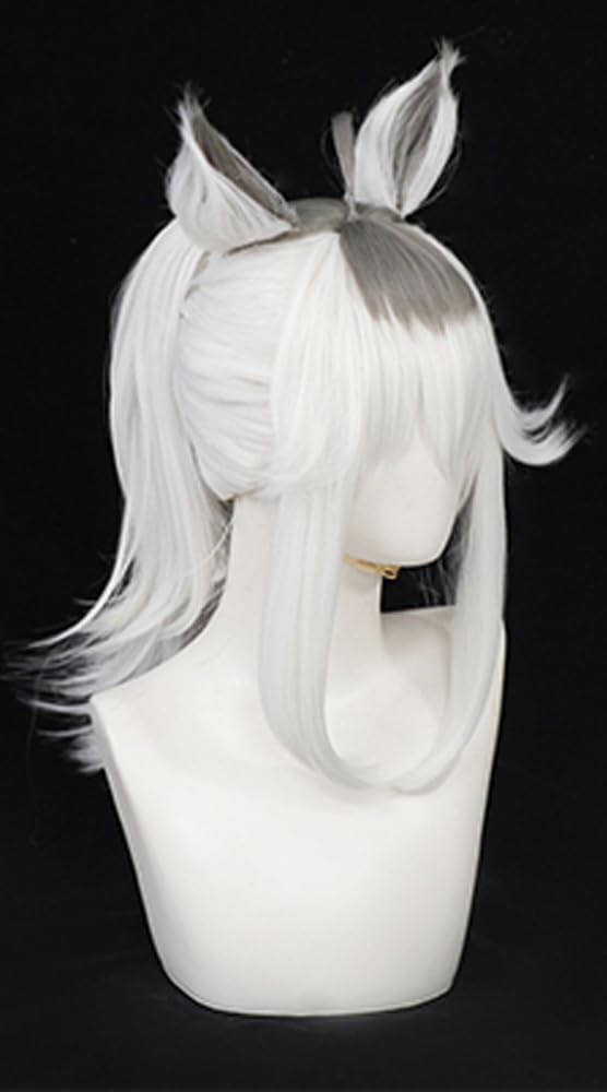 Game Cosplay Wig White Highlight Gray Hair Long Straight Ponytail Wigs Synthetic Fiber Wigs + Ears + Tail