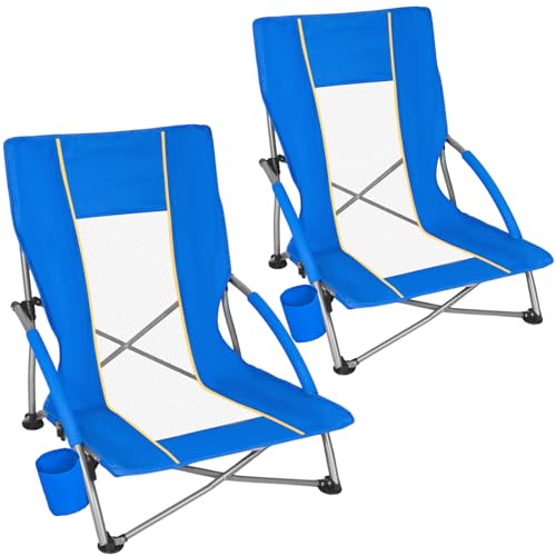Romswi Silla de Playa Baja para Adultos Pack de 2, Silla Plegable Ligera con Respaldo de Malla Transpirable y Porta Vasos, Sillas Portátiles Compactas para Camping, Capacidad 300 lbs, Azul miniatura 1