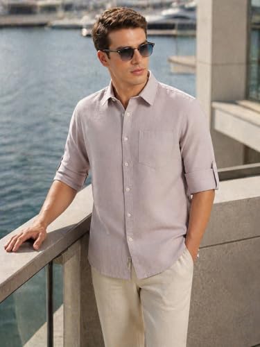 Image of Thomas Scott Men's | Solid | Premium Linen Blend | Spread Collar | Summer Wear | Long Sleeve | Shirts for Men