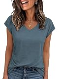 Cuptacc T-Shirts Für Damen Elegante Tshirt Damen Sommer Locker Oberteile Kurzarm Leicht Tunika Elastisch Tops Modisch Blau M 38-40