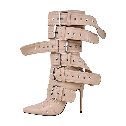 Multi Buckle Strap Mid Calf Boots Pointed Toe Belts Stiletto Heeled Boots2