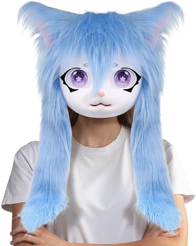 Têtes de cosplay à fourrure, masque de tête de chat animal avec de grands yeux et cheveux longs - Chapeau en peluche réaliste, accessoires de costume pour cosplay, spectacle de théâtre, fête