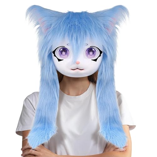 Masque complet chat à poils longs avec grands yeux expressifs pour Halloween