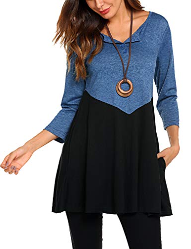 Tunic Shirts, Womens Henley Long Sleeve Crew Neck Flowy Pleated Fall Casual Loose Fitting Tops S Blue