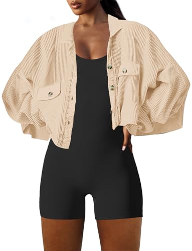Image of Panadila Women's Cropped Waffle Knit Shacket Short Button Down Jacket Batwing Sleeve Shirts with Pocket