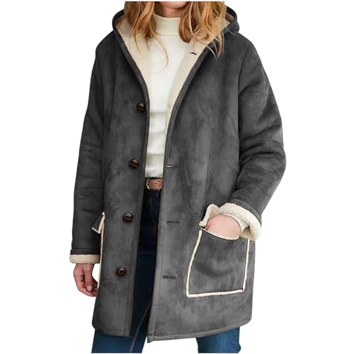 Image of XUNRYAN 2024 Womens Fashion Suede Sherpa Fleece Jacket Trench Coats Thicken Winter Warm Sherpa Coat Hooded Peacoat Shearling Parka