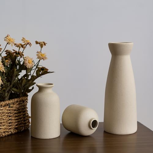 SKY-TOUCH Ceramic Vase Set of 3 : Pampas Grass Dried Flowers Decor Vase Morden Boho Vases for Home Kitchen Living Room Dinner Table Shelf Office Desk (3PCS Beige)