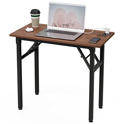 31.5" Computer Desk, Home Office Writing Study Desk With Power Outlets, Workstation Small Tables No Assemble Requied, Stable Metal Frame, Walnut #TOP15