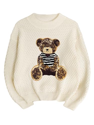 Image of BEAUDRM Girl's Bow Sweater Crew Neck Cute Sweaters Long Sleeve Knit Pullovers Sweater
