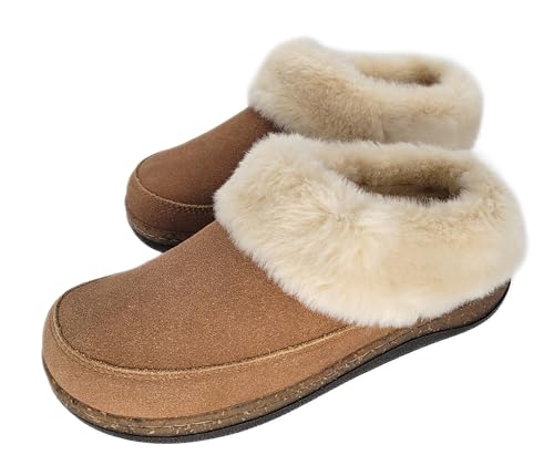 Clarks Womens Slipper Suede Leather Scuff Toe - Plush Faux Fur Collar/Lined With A Cork Midsole - Open Back Indoor Outdoor House Slippers For Women (Cognac US 9)2
