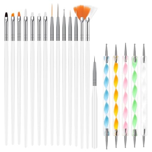 URAQT 20 Stück Nagel Pinsel Set, Nagel Pinsel, Nageldesign-Stifte Brush, Acryl Nagel Kunst Pinsel mit Dotting Tools,für gelnägel UV-Gel Nageldesign Nail Art (Weiß)