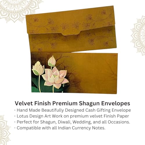 Image of Pack of 20, Lotus Blossom Design Shagun Envelopes for Gifting Cash Money Cover Velvet Finish Paper Tuck Flap Designer Fancy Sagan Lifafa Wedding, 19 X 9.5 cm, Royal Brown Color