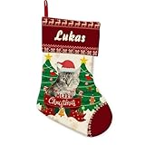GABSHAIM Xmas Stockings Cat with Christmas Tree Decor Personalized Linen Jingle Bell Stocking Merry Christmas for Holiday Xmas Party Decoration 14.4 Inch Style 2