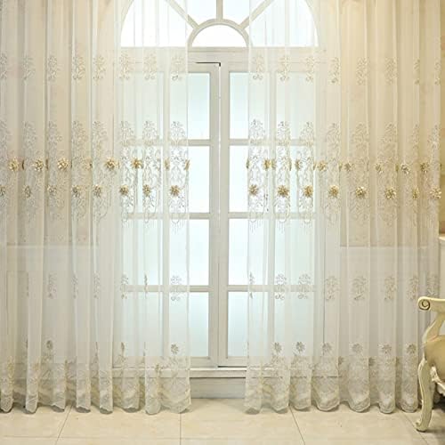 Amidoudou 1쌍 유럽 럭셔리 자수 시어 커튼 침실 거실 발코니 3D 플라워 튤 커튼 (베이지, 132.1x243.3cm) — 사진 5