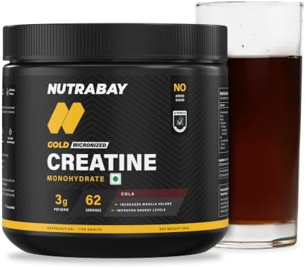 Nutrabay Gold Micronized Creatine Monohydrate 3g Creatine/Serving, NABL Lab Tested | DCD & DHT Tested | Increases Muscle Mass, Strength & Power – Pre/Post Workout Supplement – 250g, Cola