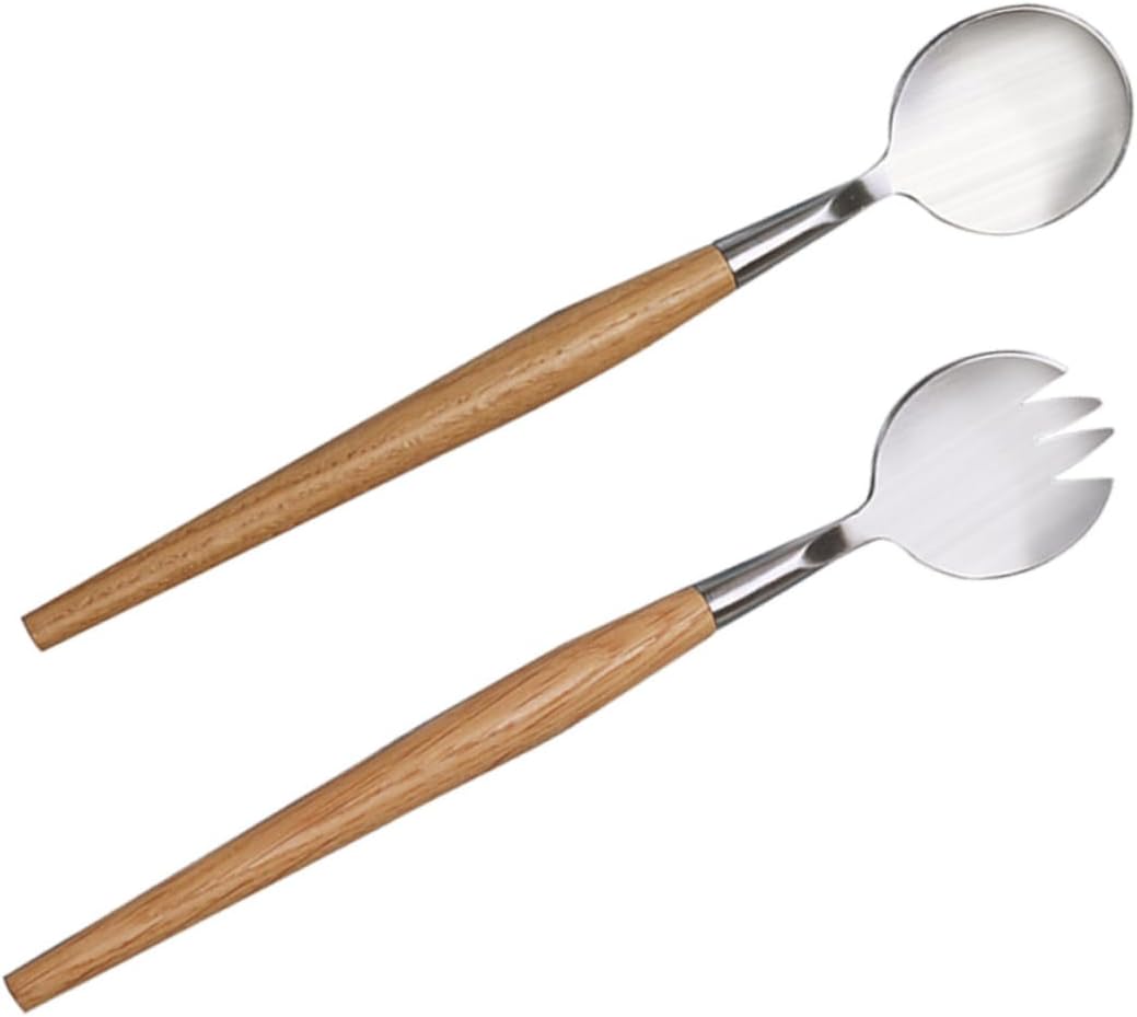 2pcs Set Stainless Steel Salad Fork and Spoon Set with Wooden Handles Elegant Tableware for Fruits Picnics and Everyday Meals Comfortable to Hold Classic Design