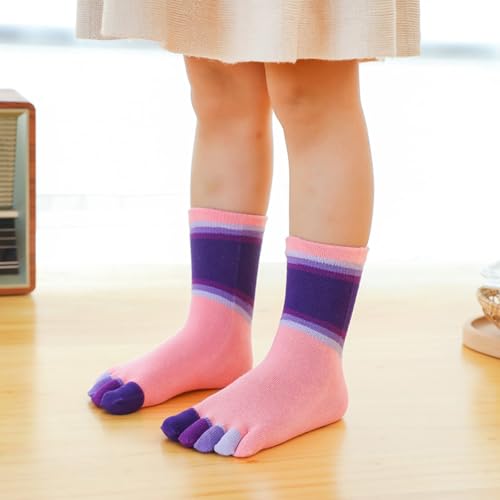 2 Pairs Cotton Five Finger Split Toe Socks Athletic Running Casual Dress Rainbow Stripe Socks for Boys Girls Kids 2-10 Years4