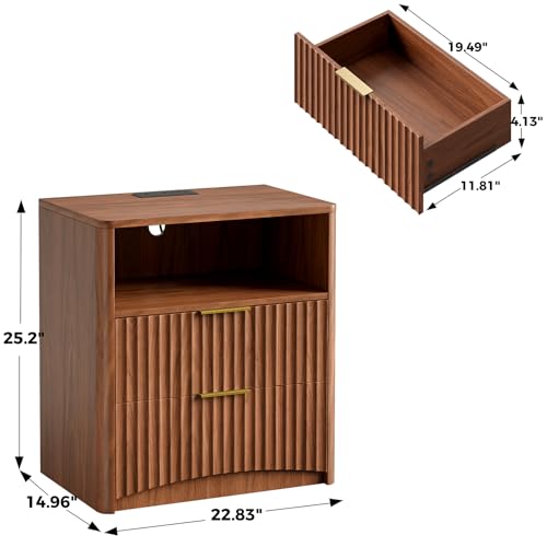 Image of Evermagin Fluted Nightstand Set of 2 with Charging Station, Walnut Bedside Table with 2 Drawers, Wood End Table with Storage Mid Century Modern, Large Night Stand for Bedroom