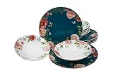 Creatable 22220, Serie Enjoy Roses-Petrol + Weiss, Geschirrset, Tafelservice 12 teilig, Porzellan
