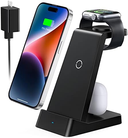 Wireless Charging Station, 18W Fast Wireless Charger for iPhone 14/13/12/11/Pro/Max/SE/XS/XR/X/8 Plus/8, 3 in 1 Wireless Charging Dock Stand for Apple Watch Series & Airpods (with Adapter)