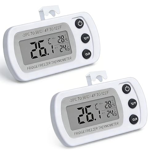 冷蔵庫用温度計 小型 2個デジタル温度計 電子温度計 防水 軽量 最高/最低温度値目に見える 適用温度範囲-20℃-50℃ 冷蔵庫 冷凍庫 キッチン ホワイト 
