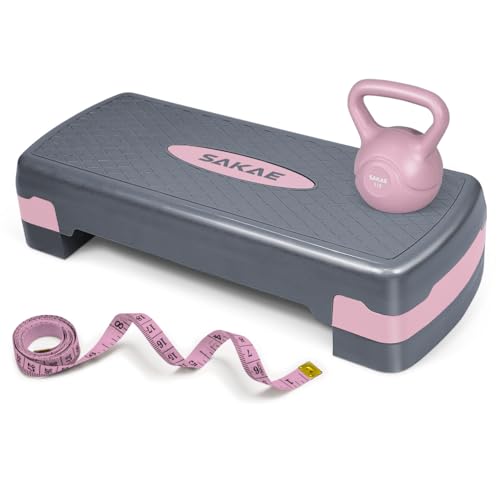 Pink Grey Exercise Step Platform Set with Kettlebell & Measuring Tape, Adjustable Height 2 Level Risers Workout Step Trainer, Aerobic Steppers for Home Gym Exercise Fitness Workout