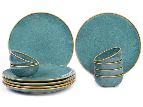 Image of Bodhi House Handcrafted Stoneware Reactive Glaze Ceramic Dinner Set, 12 Pieces Serving for 6, Microwave and Dishwasher Safe, Bone-ash Free, Crockery Set for Dining and Gifting, Ocean Green