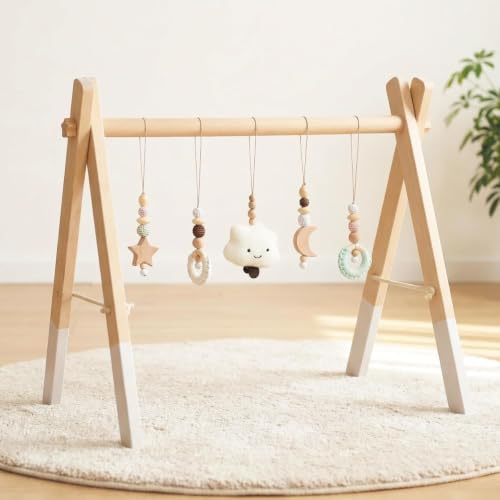 let's make Portique d'Éveil Montessori en Bois pour Bébé avec 5 Jouets Sensoriels Amovibles, Arche d'Activités Pliable, Jouet d'Éveil pour Nouveau-né, Cadeau Bébé 0 à 18 Mois (Modèle B)