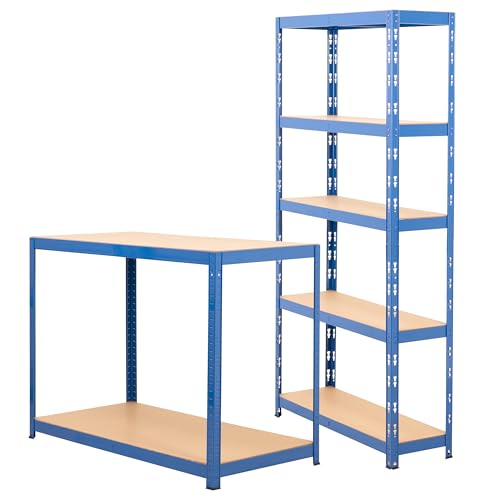 BiGDUG Garage Storage Kit - 1x Shelving Unit & Workbench - 5 Tier Shelves 150kg UDL 1780H x 900W x 300D mm - 300kg UDL Workbench - Blue