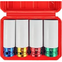 WETT 4Pcs 1/2 Inch Lug Nut Socket Set, Wheel Protector Thin Wall Deep Impact Socket, CR-V Steel, 6 Point, Metric, 17mm, 19mm, 21mm, 22mm, Plastic Socket Lug Nut