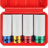 WETT 4Pcs 1/2 Inch Lug Nut Socket Set, Wheel Protector Thin Wall Deep Impact Socket, CR-V Steel, 6 Point, Metric, 17mm, 19mm, 21mm, 22mm, Plastic Socket Lug Nut