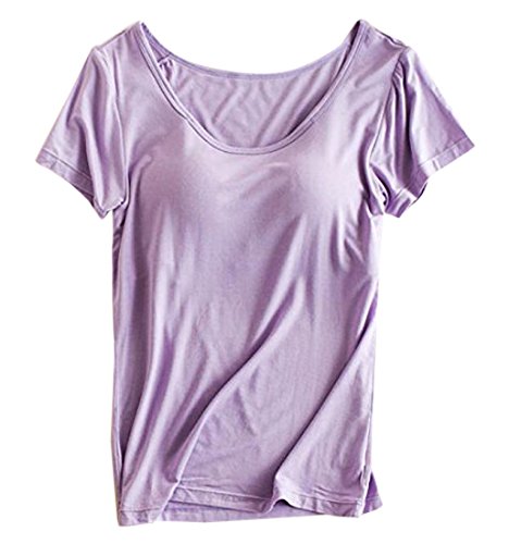 [Pink17°]レディース カップ付きTシャツ カットソー ブラトップ ゆったりサイズ 半袖 4色５サイズ yd05(L, パープル)