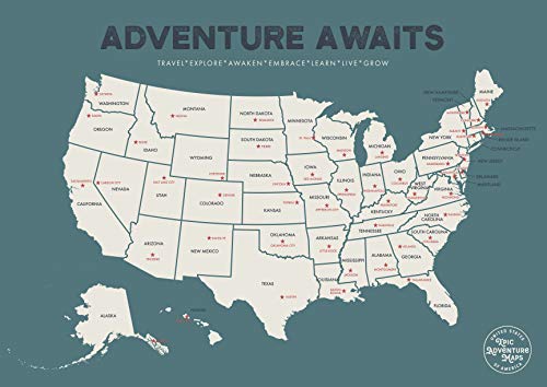 Epic Adventure Maps The United States Push Pin Map 24" X 17" - Unframed Travel Map To Mark Your Travels Around The Usa - Multicolored Pushpins Included #TOP1