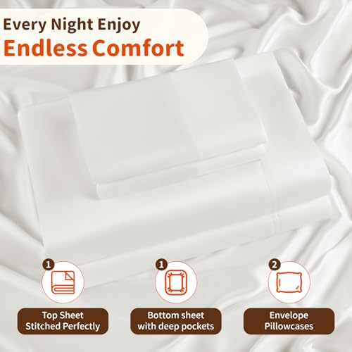 LBRO2M Mulberry Silk Modal Blending Satin Sheets Set Queen Size Fitted Sheet16 Deep Pocket Cool Bedding Sheet 4 Piece Wrinkle Resistant Soft Breathable (Queen, White) - Image 6