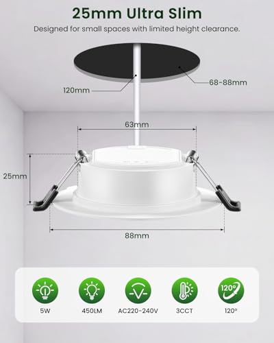 Forepin LED Einbaustrahler 230V 5W, LED Spots Flach Warmweiß 3000K, 68-80mm Loch Deckenspots, 450LM Bad Einbauleuchten, IP44 Ultra Flach Einbauspots für Badezimmer Küche Wohnzimmer, 12er Set