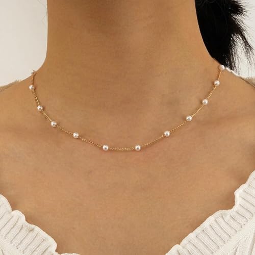 Meeran Pearl Necklace For Women, Dainty 14K Gold Plated Pearl Necklace Simple White Pearls Choker Necklace Cute Pearl Thin Chain Necklace Elegant Tiny Small Faux Pearl Necklaces Women Wedding Jewelry Gift thumb #3