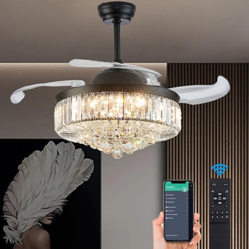DuMaiWay Dimmable Fandelier Crystal Ceiling Fan with Light and Remote