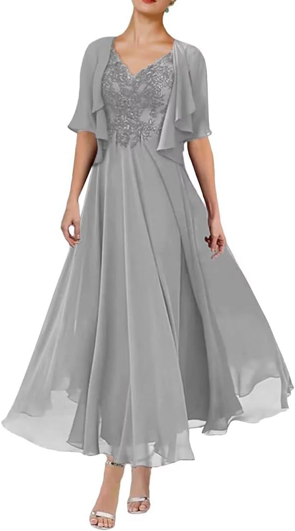 2 Piece Tea Length Mother of The Bride Dresses with Jacket Short Sleeves Lace Formal Evening Gown with Pockets