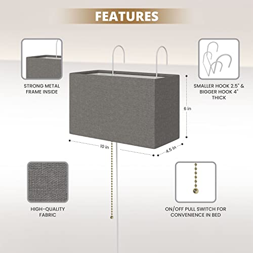 Ella Gancz Headboard Reading Lamp, Linen Woven Shade, Grey, Sleek Modern Design. Interchangeable Hooks, Fits Headboards Up To 4 Inches Thick, Convenient On/Off Pull Switch, Led Compatiable #TOP2