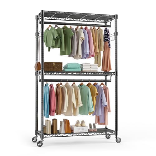 OLIXIS Clothes Rack Heavy Duty Adjustable Garment Clothing Rack with Wheels, Rolling Metal Freestanding Closet Organizer for Hanging Clothes with 2 Side Hooks, Double Rod, 17.7