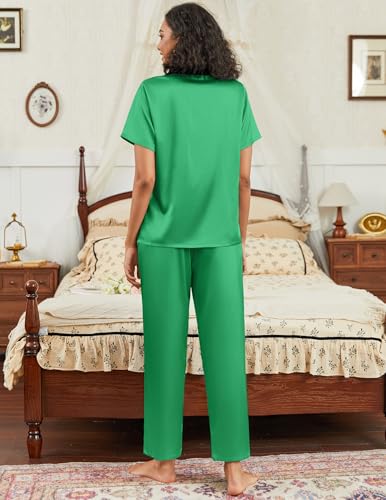 Image of Ekouaer Satin Pajamas Set for Women Silk Button Down Sleepwear Short Sleeve Loungewear 2 Pieces Nightwear