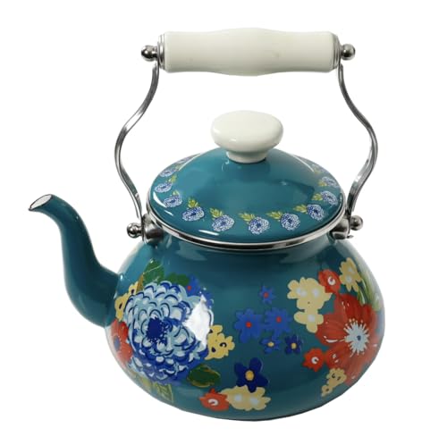 Pioneer Woman Dazzling Dahlias Enamel on Steel Stove Top 2 Quart Tea Kettle Teal