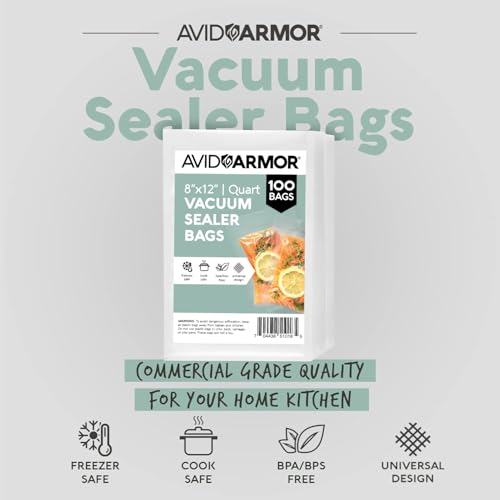 Avid Armor Vacuum Sealer Bags Quart 8x12 Inch 100 Pack for Food Saver, Seal a Meal Vacuum Seal Machines, Commercial Grade Heavy Duty BPA Free for Sous Vide and Meal Prep Precut Storage Bag