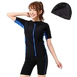 [ル モード デ トア] フィットネス水着 レディース セパレート 半袖 スイムキャップセット 女性 セパレート めくれ防止 F135 (【めくれ防止】 ブラック＆ブルー, 13L)