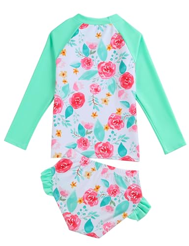 Image of Little Girls Swimsuit Rash Guard Set Toddler Girl Long Sleeve Two Piece Bathing Suit with Ruffle Bikini Bottoms Swimwear Green, 8 Years