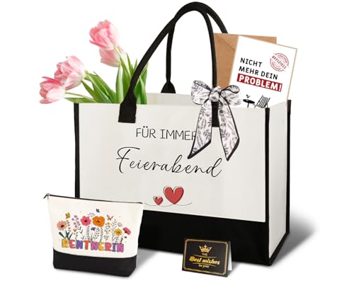 Giftota Rentnerin Geschenk Set Rentner Geschenk Frau Renteneintritt Abschiedsgeschenk Ruhestand Frau Canvas Tasche Kosmetiktasche Karte Lustiges Rentner Geschenkset Kollegin Mitarbeiterin