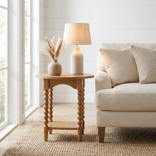 SAND STONE HOME Pembroke 22” Round Cottage End Table with Spindle Legs, Lower Shelf Storage & Levelers, Rustic Oak Veneer & Pine Wood | Prairie Oak Natural