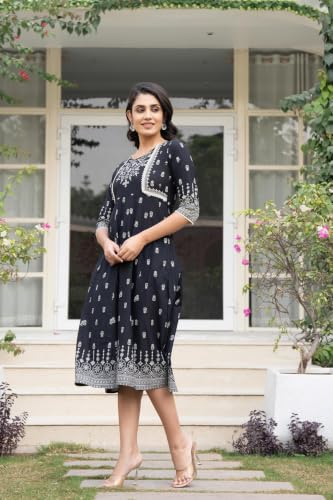 Image of Juniper Black Floral Printed Cotton Dress with Thread Work