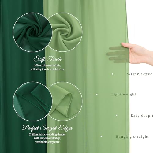 Wedding Arch Draping Fabric,2 Panels 28"x20ft Emerald Green and Sage Wedding Arch Drapes for Ceremony Chiffon Fabric Drapes Arbor Drapery Wedding Arch Decorations for Reception Sheer Backdrop Curtains
