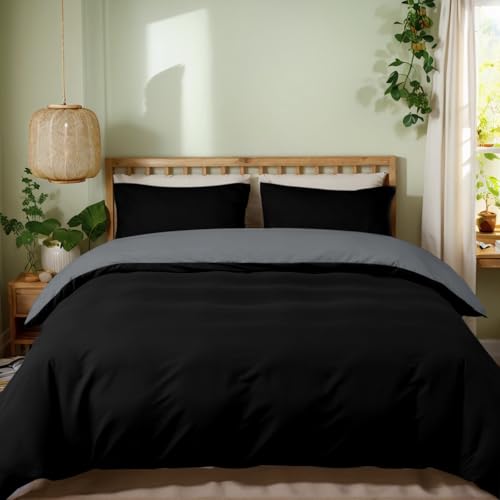 MIKI WELL Double Duvet Cover Set - 3Pcs Reversible Bedding Double Bed Set Black and Grey Soft Microfiber Quilt Cover with 2 Pillowcases 50x75cm